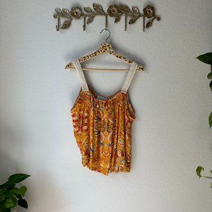 NWT Rachel Zoe Yellow Pink Printed Tank Crochet Straps oversized XS, fits S-M